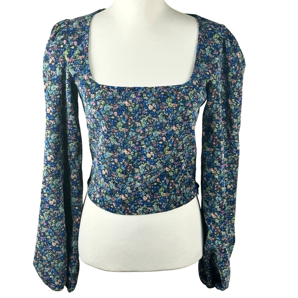Lulu's Certain Charm Blue Floral Corduroy Balloon Sleeve Crop Top Size Small